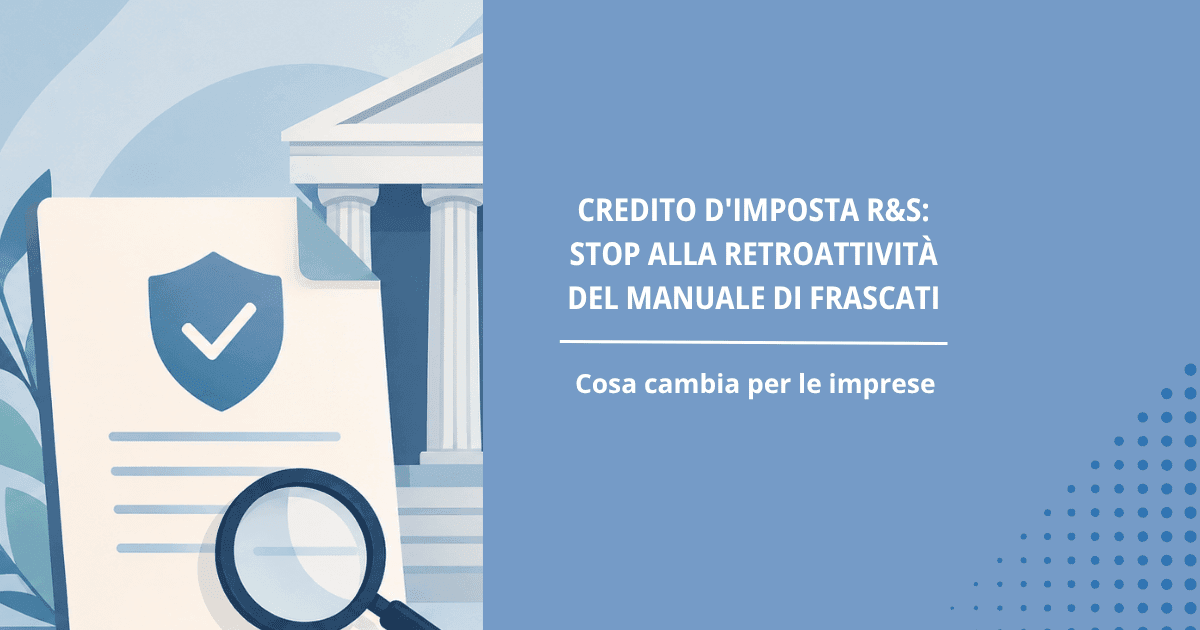Illustrazione grafica con tribunale, documento, lente d'ingrandimento,, simboli di legge, tribunale e titolo dell'articolo  "Credito d’imposta R&S: il Consiglio di Stato boccia la retroattività del Manuale di Frascati, cosa cambia per le imprese"