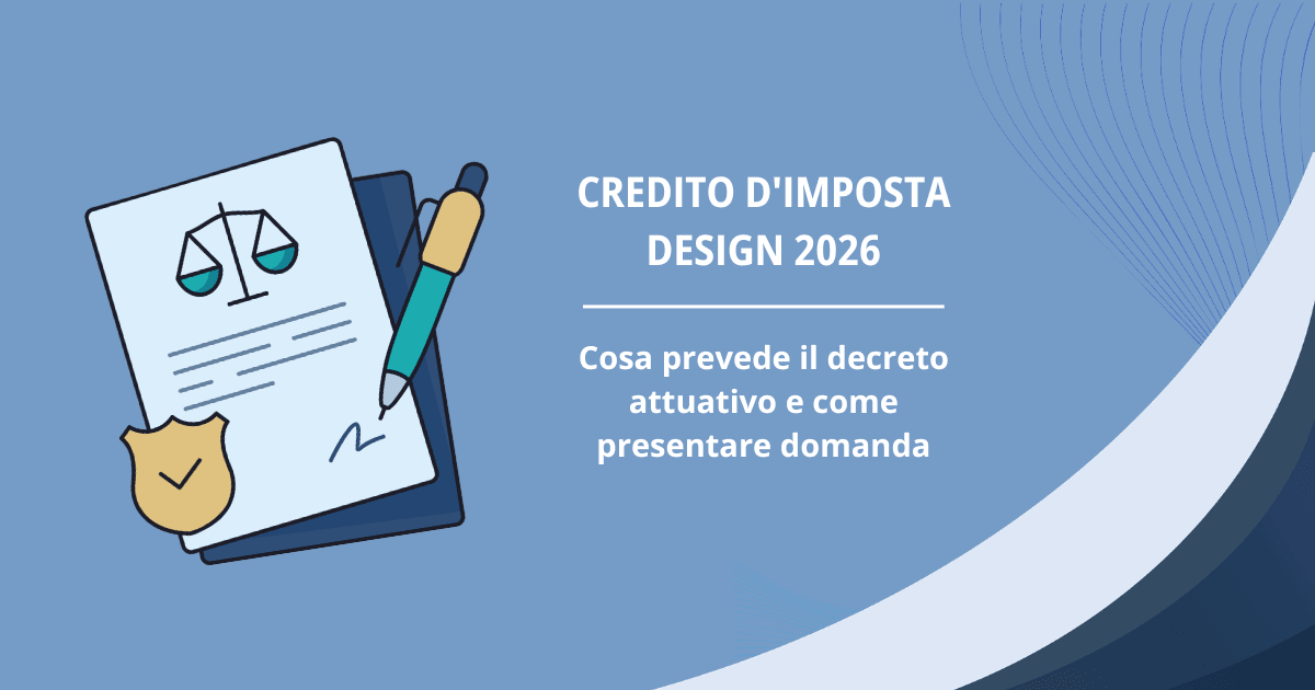 Grafica sul credito d'imposta design 2026, con documento illustrato e indicazioni su decreto e domanda.