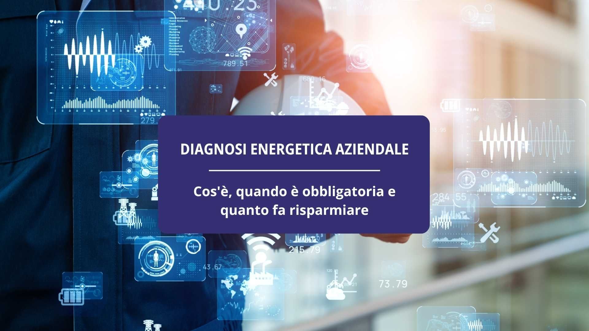 Professionista con caschetto in mano, grafiche digitali energetiche e riquadro centrale viola con titolo sulla diagnosi energetica aziendale.