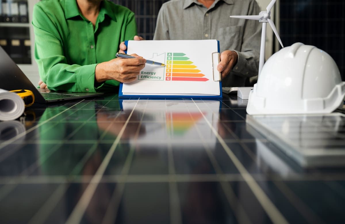 Due colleghi discutono di efficienza energetica aziendale con un grafico dell'efficienza energetica a supporto.